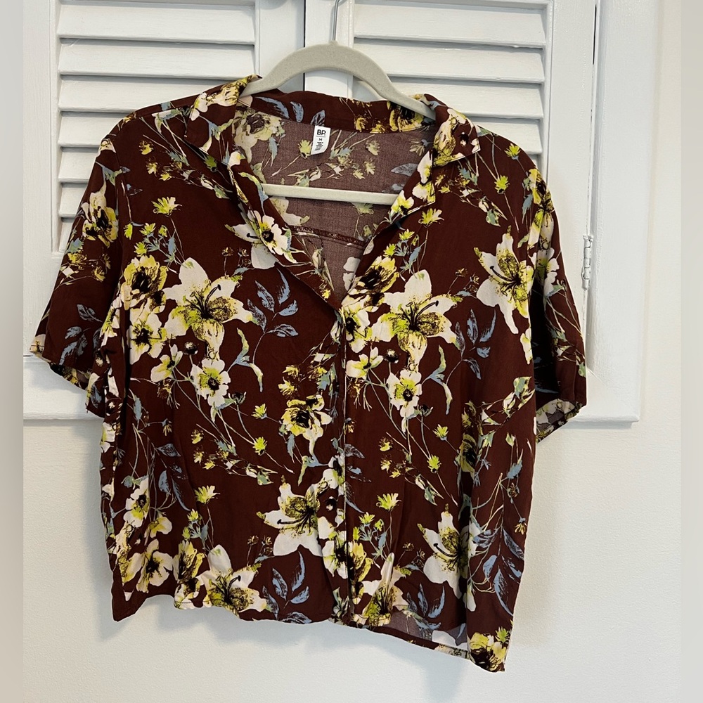 BP Floral Button-Down Shirt in Brown and Yellow